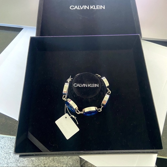 NWT Calvin Klein silver and cobalt blue glass round station bracelet MSRP $199 - Picture 2 of 9